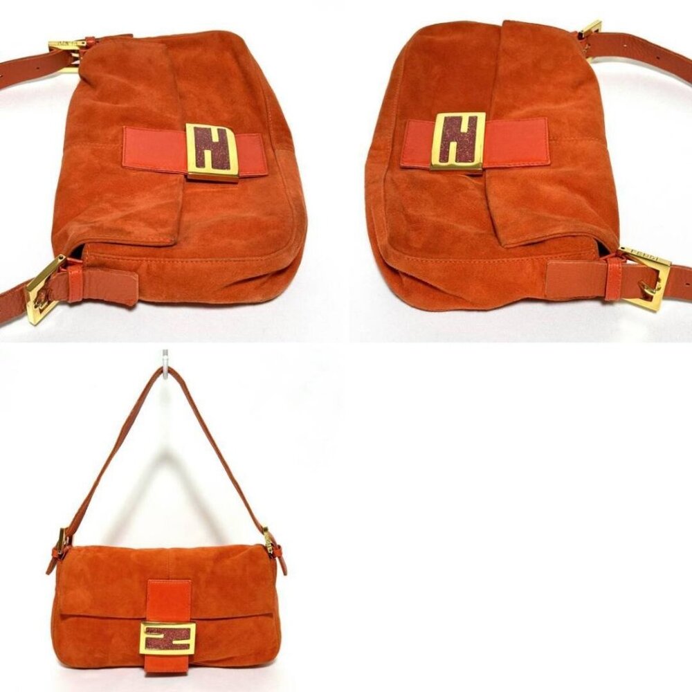 Authentic FENDI Mamma Baguette Orange Suede Gold Glitter Flap Shoulder Bag Purse - Picture 4 of 8